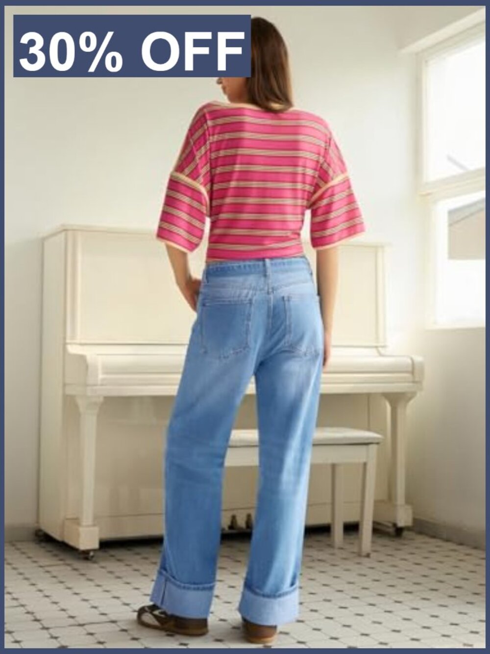 High Waisted Wide Leg Cuffed Denim Jeans with Belted Detail - Picture 6 of 7